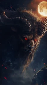 Lunar-illuminated demonic ram visage with volumetric embers.