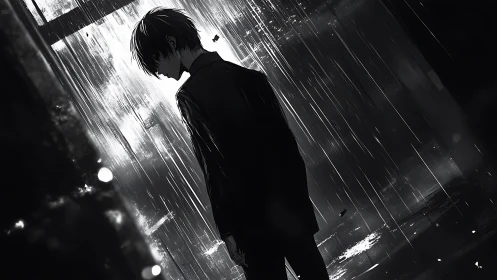 Solitary anime boy stands in stark monochrome rainstorm.