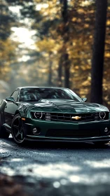 Sleek green muscle car glowing on a quiet forest road.