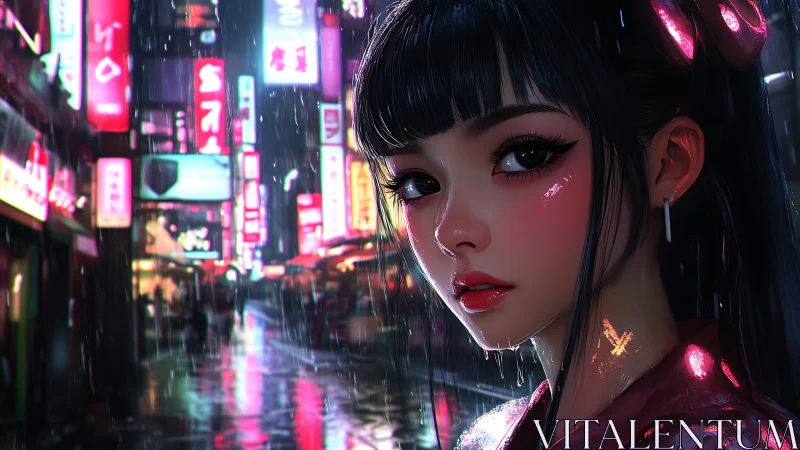 Neon‑lit rain portrait of cybernetic girl in urban alleyway.