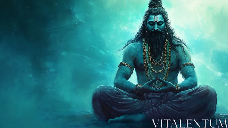 Azure mystic yogi meditates in swirling celestial calm.