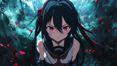 Anime portrait of red eyed girl in dynamic underwater scene.