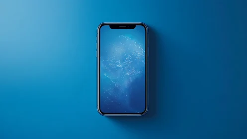 Bezel-less smartphone on cyan ground with luminous aqueous display.