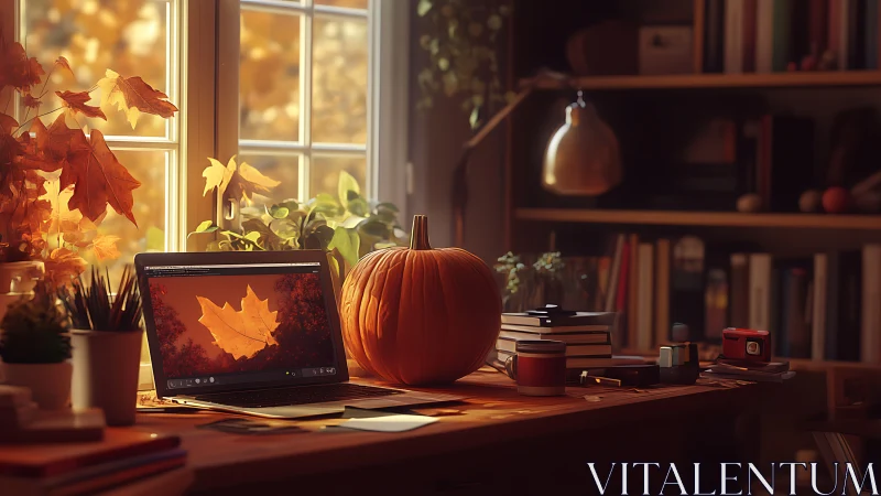 Cozy autumn home office desk with pumpkin and laptop scene.