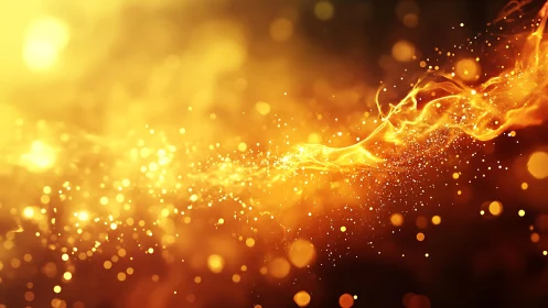 Abstract golden light swirl with glowing particles in motion.