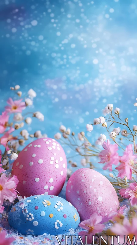 Pastel Easter eggs rest in floral nest under bokeh sky.