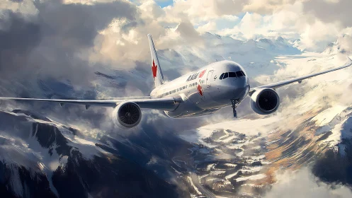 Airliner cutting through storm-lit alpine cloudscape painting.