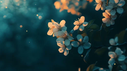 Small white blossoms on branch against dark teal background