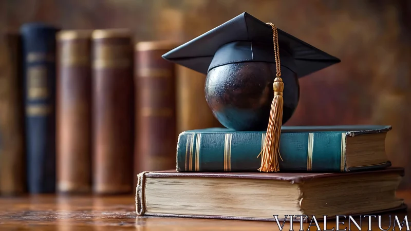 Graduation cap rests on globe and books in warm light