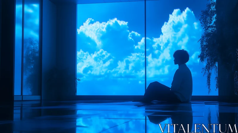 Silhouetted observer facing panoramic blue atmospheric display.