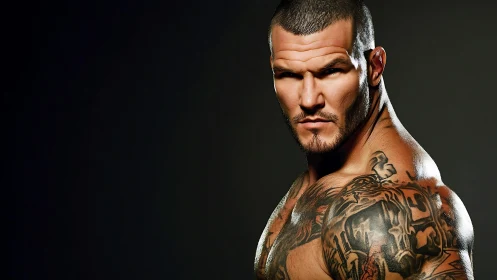 Muscular tattooed male portrait rendered in sharp photorealism