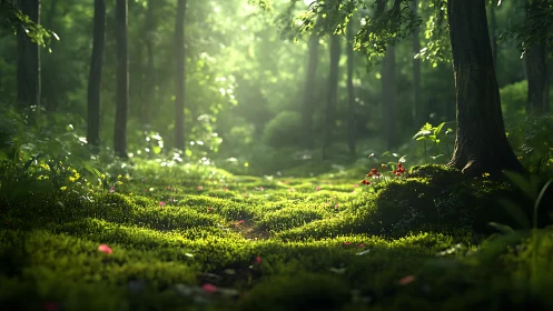 Enchanted forest glen bathed in golden sunlight through ancient trees