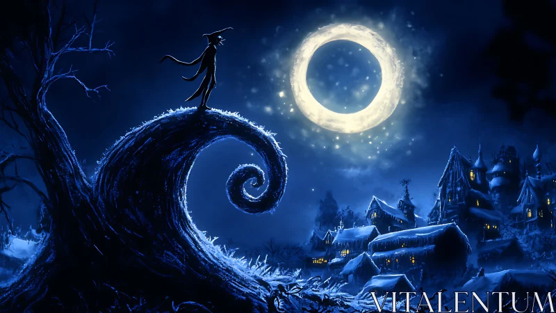 Silhouette on twisted hill under glowing ringed moon