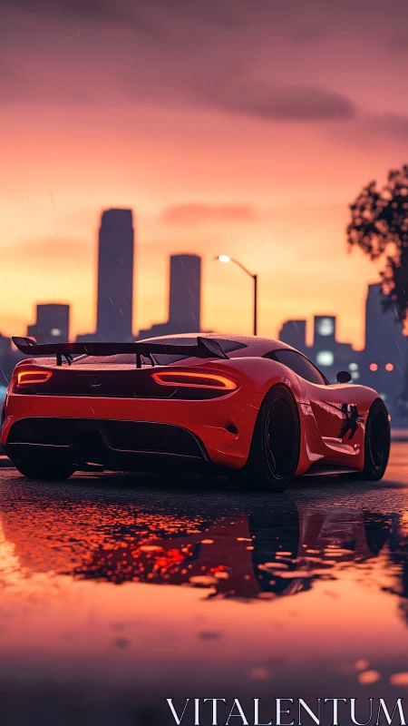 Photorealistic supercar at dusk with reflective wet street framing.