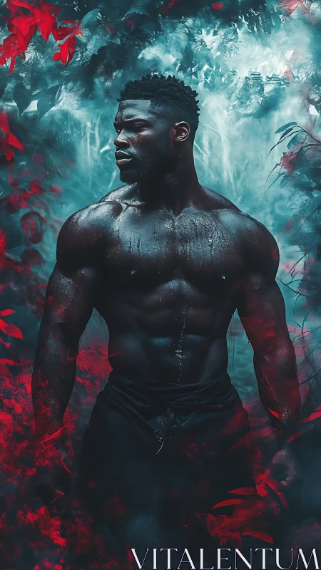 Muscular male figure in mist with red foliage accents.