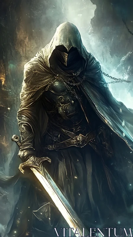 Hooded armored knight holding glowing sword in cavern