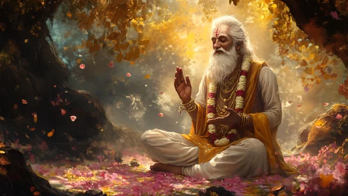 Serene sage sits in golden forest, radiating soft divine light.