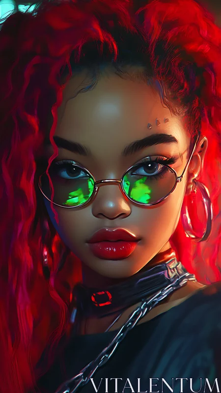 Bold red-haired girl in neon glasses meets your steady gaze