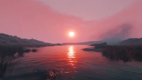 Soft pink river sunset casting gentle evening glow.