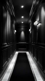 Narrow black hallway with lamps and recessed ceiling lights.