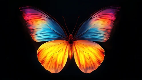 Butterfly displays vivid gradient wings on dark background