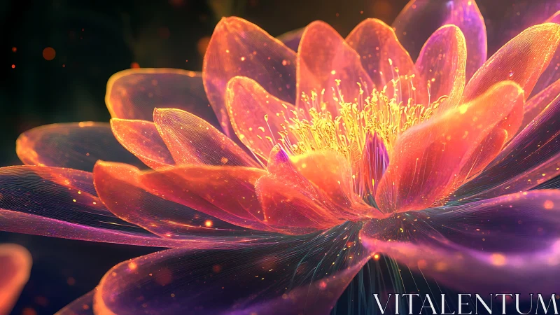 Digital macro render of luminous translucent flower form.