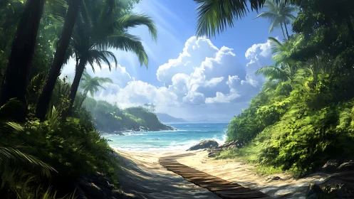 Tropical Beach Cove Framed by Lush Palm Forest.