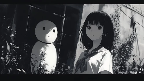 Anime schoolgirl and ghostlike figure in overgrown alley.