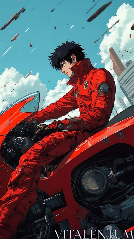 Red moto pilot in windswept urban skyway, anime profile