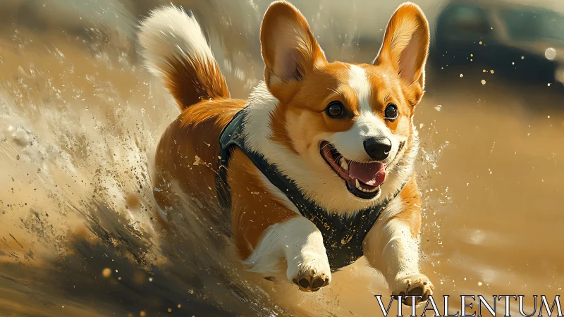 Corgi dog sprinting through shallow water in bright light.