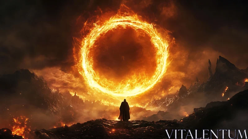 Solitary robed figure observing large fiery ring in sky.