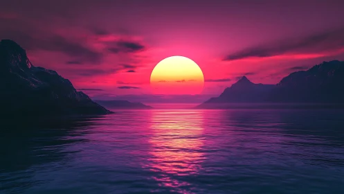 Vivid neon sunset illuminates tranquil mountains and sea
