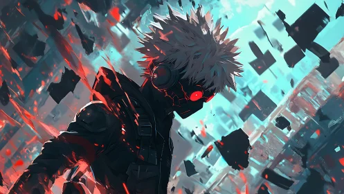 Cybernetic warrior walks through falling neon ruins in rage