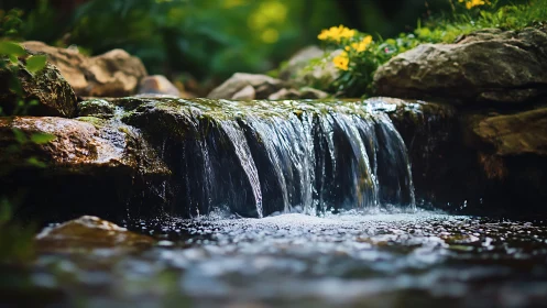 Tranquil garden waterfall surrounded by rocks and wildflowers.