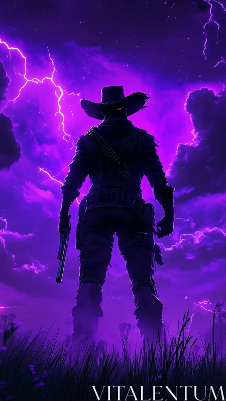 Lone gunslinger silhouetted against vivid purple storm.