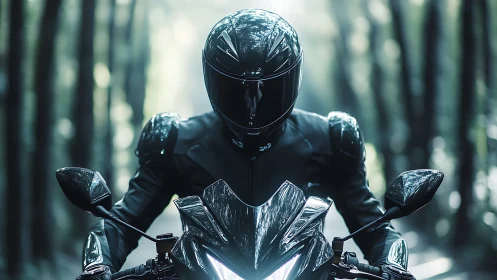 Photorealistic motorcyclist portrait with cinematic forest lighting.