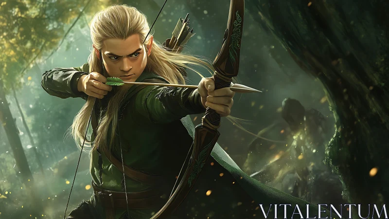 Elven archer draws bow in dynamic forest battle tableau