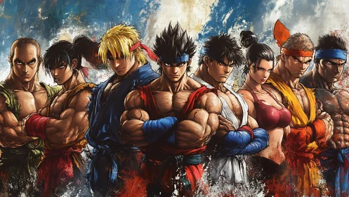 Proud martial artists stand united in bold painterly color