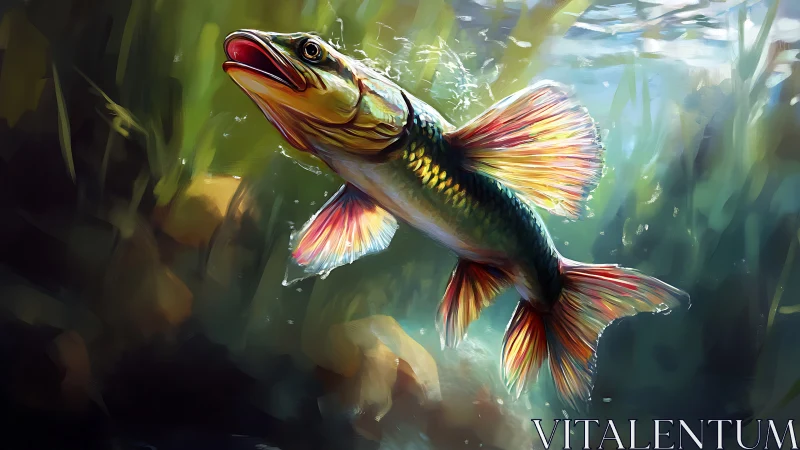 Digital painting of leaping freshwater fish in lit river.