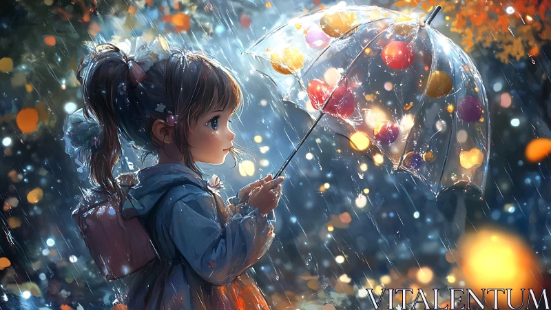 Little girl holds transparent umbrella under glowing rain