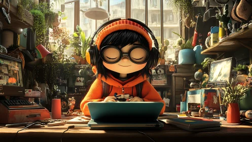 Young person with tablet in dense indoor workspace environment.