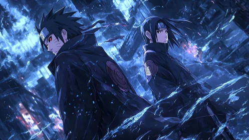 Two cloaked figures stand in blue-toned digital storm field