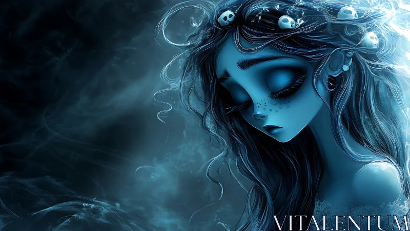 Melancholic blue-haired siren rendered in ethereal digital chiaroscuro