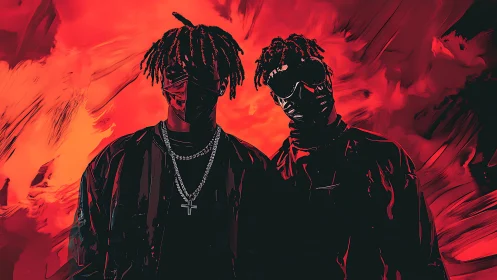 Masked duo in red abstract neon urban portrait.