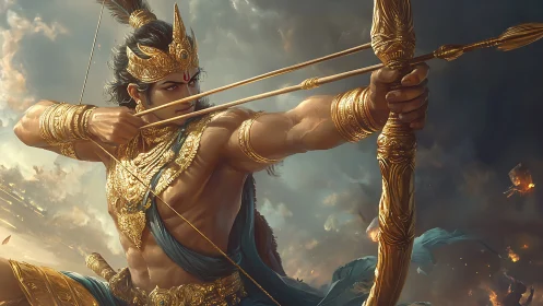 Mythic archer draws golden bow with dynamic atmospheric lighting