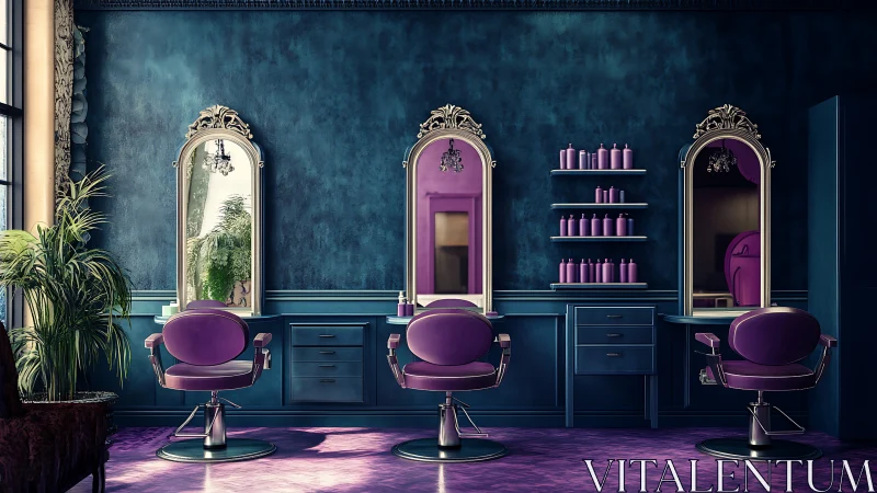 Luxury salon interior with violet chairs and teal walls.
