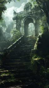 Ancient stone stairway ascends toward misty forest arch