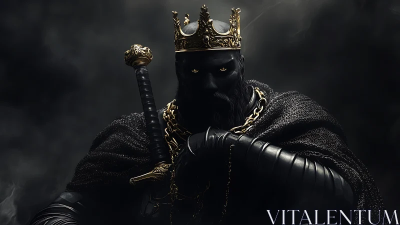 Dark armored king holds sword amid swirling black smoke