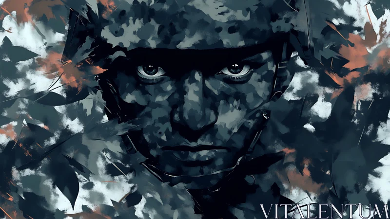 Camouflaged soldier portrait emerges through abstract foliage pattern