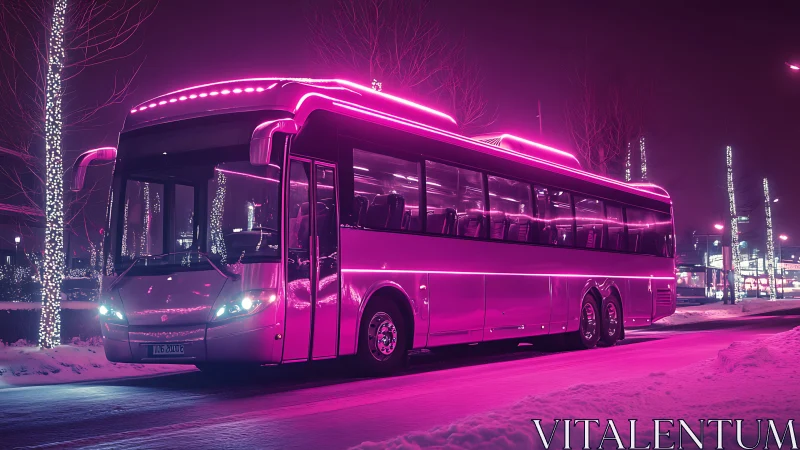 City coach bus under neon pink lights on winter street.